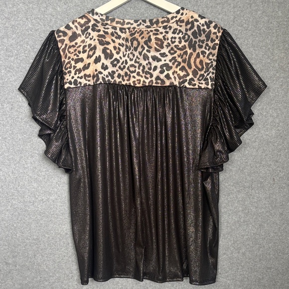 NEW! Two Toned Babydoll Blouse in Black Shimmer Animal Print accents  L Black - Picture 7 of 11